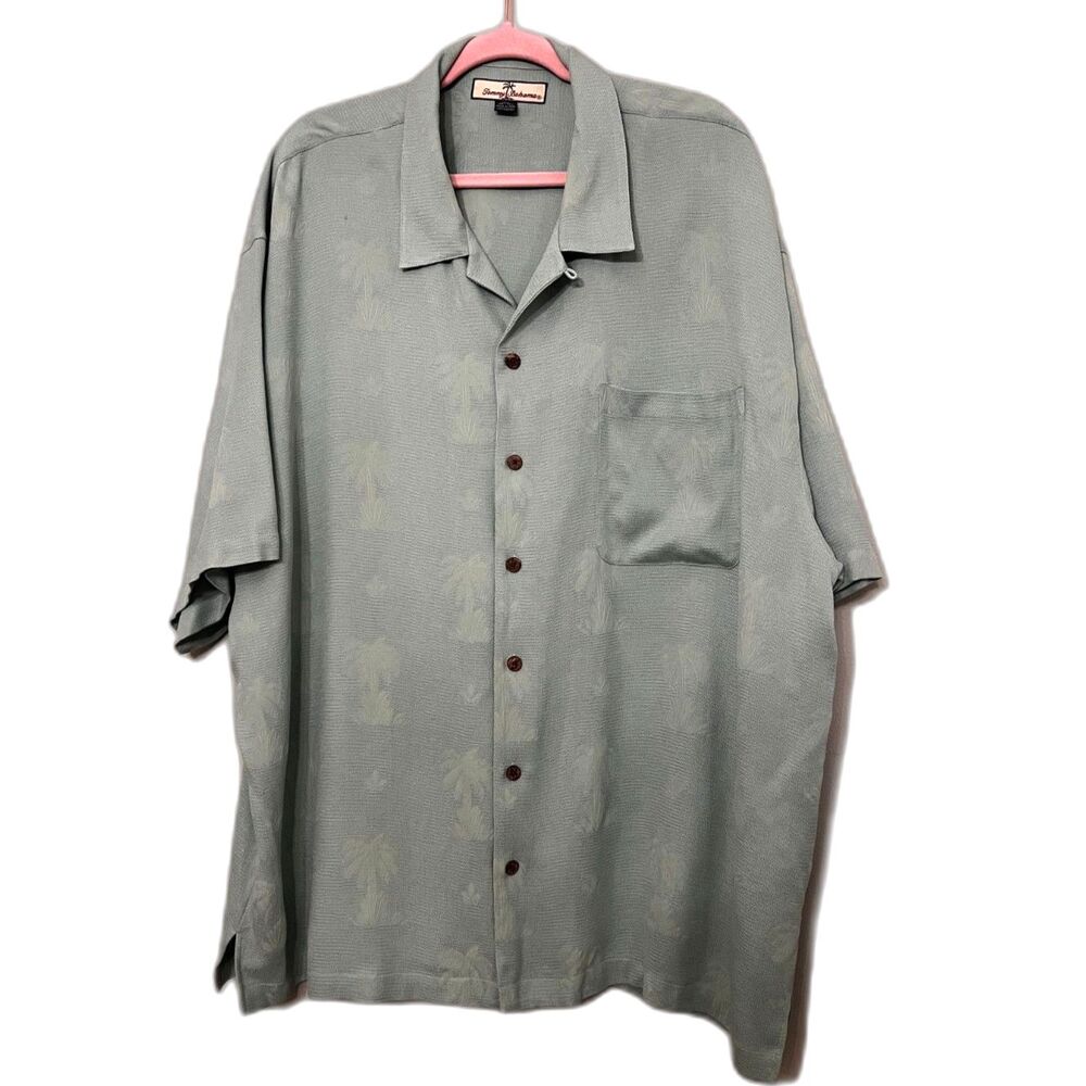Tommy Bahama 100% Silk Sage Green Embossed Button Down Shirt Size 2XL